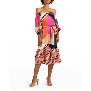 NWOT TRINA TURK Hiawatha Mixed Print Off Shoulder Rainbow Satin Dress SIZE SMALL
